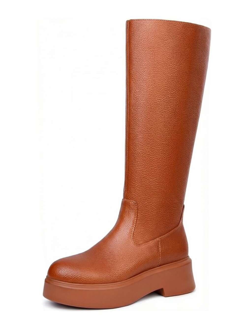 BeeLg Size 8 Boots Brown PU Leather Knee-High Chunky Rugged Rubber Sole
